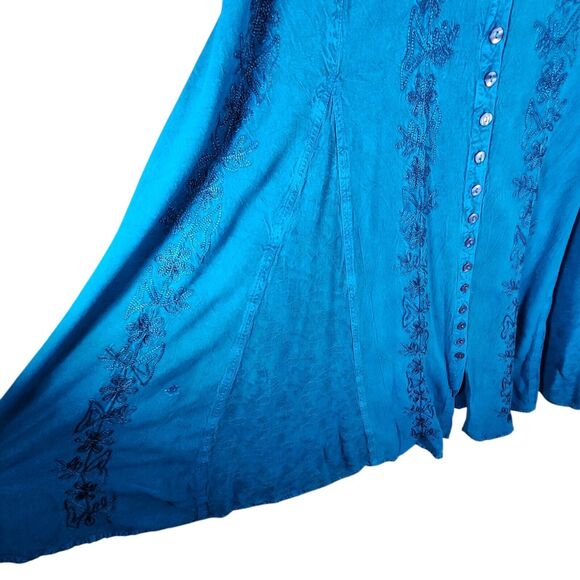 Advance Apparels Embroidered Button Boho Bohemian Blue/Aqua Dress, Size 1X/2X - Picture 4 of 5